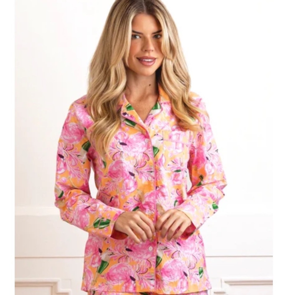 Oak Lane Womens Flamingo Champagne Pajama Set Pink Orange Cotton L/XL Sleepwear